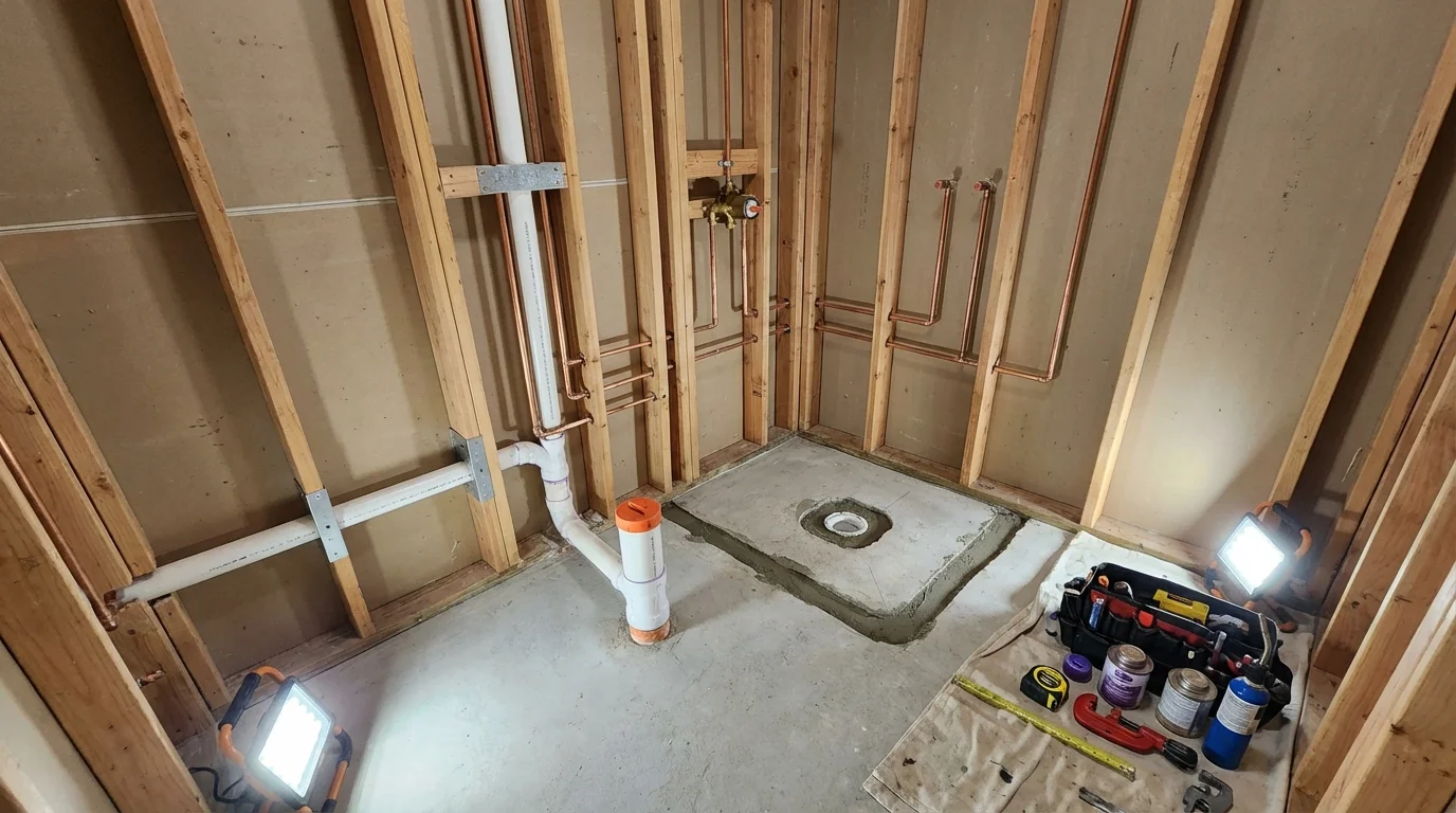 Bathroom rough-in plumbing during remodel by Johns Plumbing LLC in River Rouge
