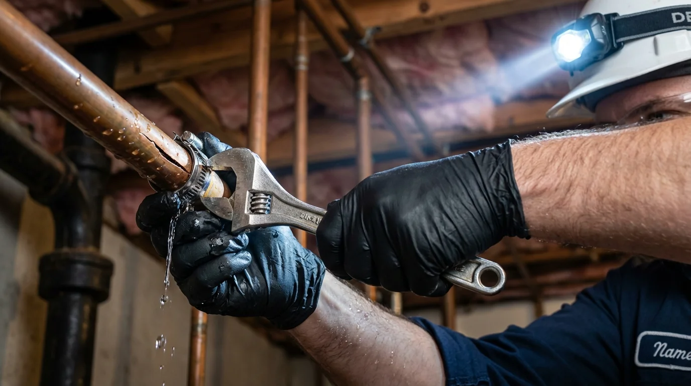 Emergency pipe clamp repair being performed by a Johns Plumbing LLC plumber in River Rouge