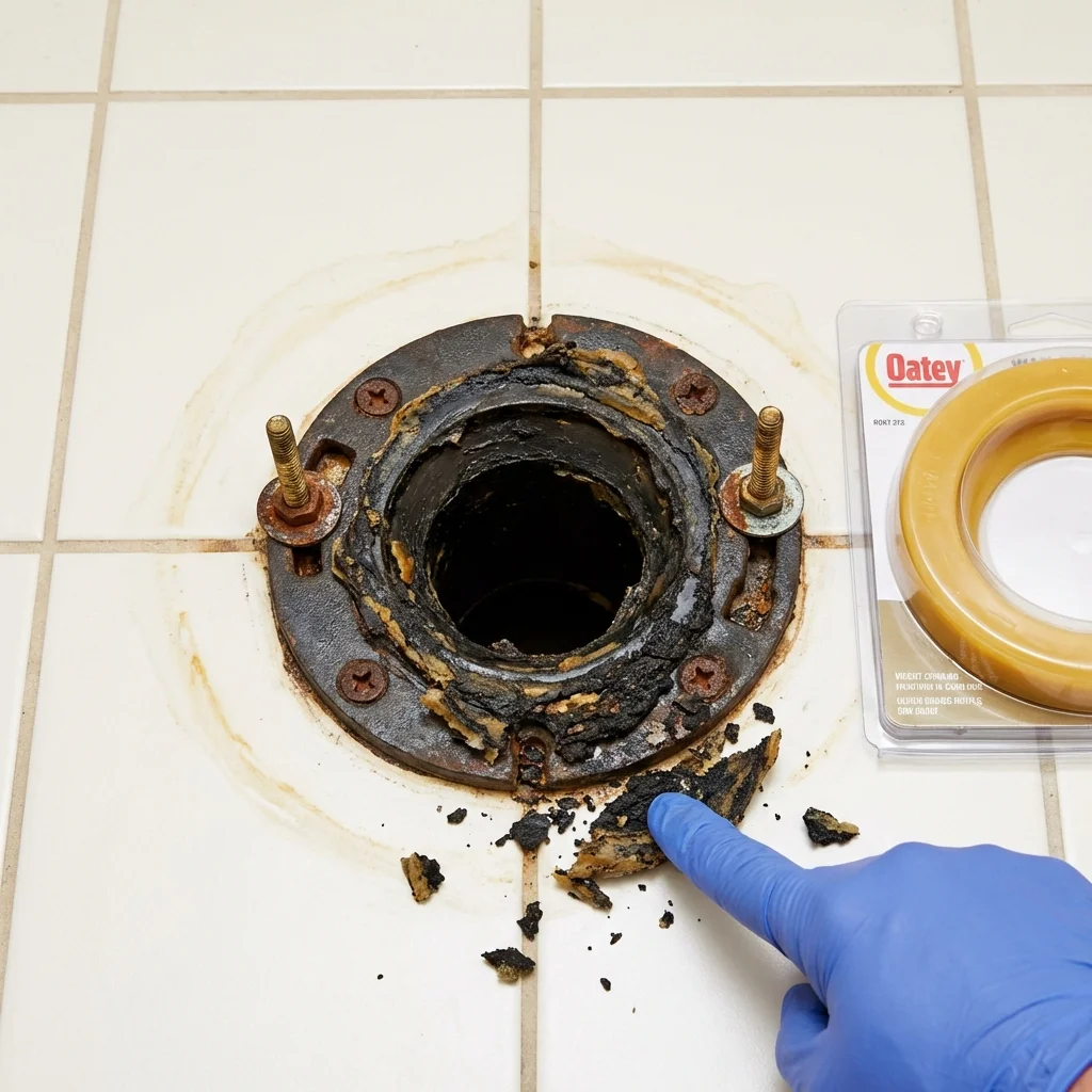 Failed wax ring showing water seepage at the base of a toilet in a River Rouge, MI home