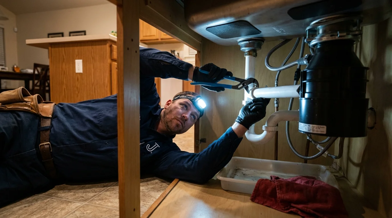 P-trap and supply line connections under a kitchen sink showing a common leak point in River Rouge, MI